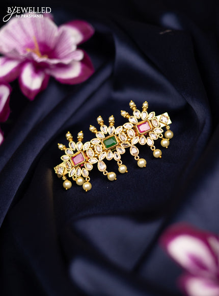 Antique medium size hair clip lakshmi design with kemp & cz stones and pearl hangings