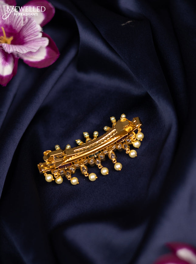 Antique medium size hair clip lakshmi design with kemp & cz stones and pearl hangings