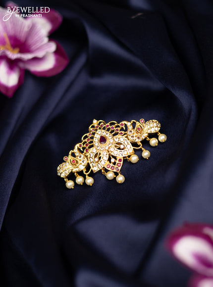 Antique medium size hair clip peacock design with kemp & cz stones and pearl hangings
