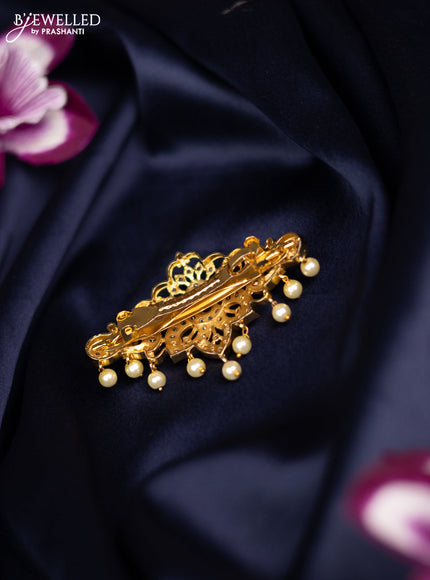 Antique medium size hair clip peacock design with kemp & cz stones and pearl hangings