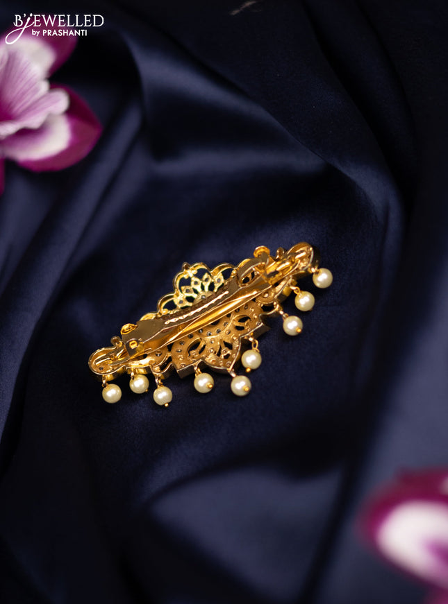Antique medium size hair clip peacock design with kemp & cz stones and pearl hangings