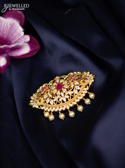 Antique medium size hair clip with ruby & cz stones and pearl hangings
