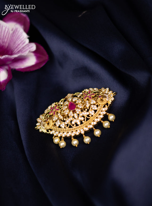 Antique medium size hair clip with ruby & cz stones and pearl hangings