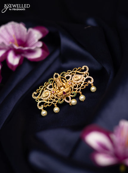 Antique medium size hair clip lakshmi design with kemp & cz stones and pearl hangings