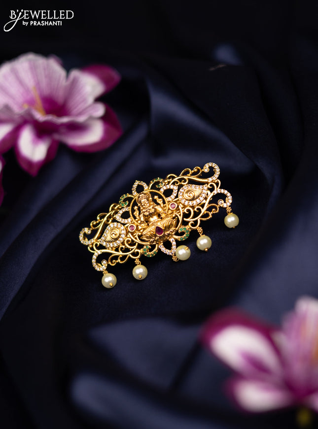 Antique medium size hair clip lakshmi design with kemp & cz stones and pearl hangings