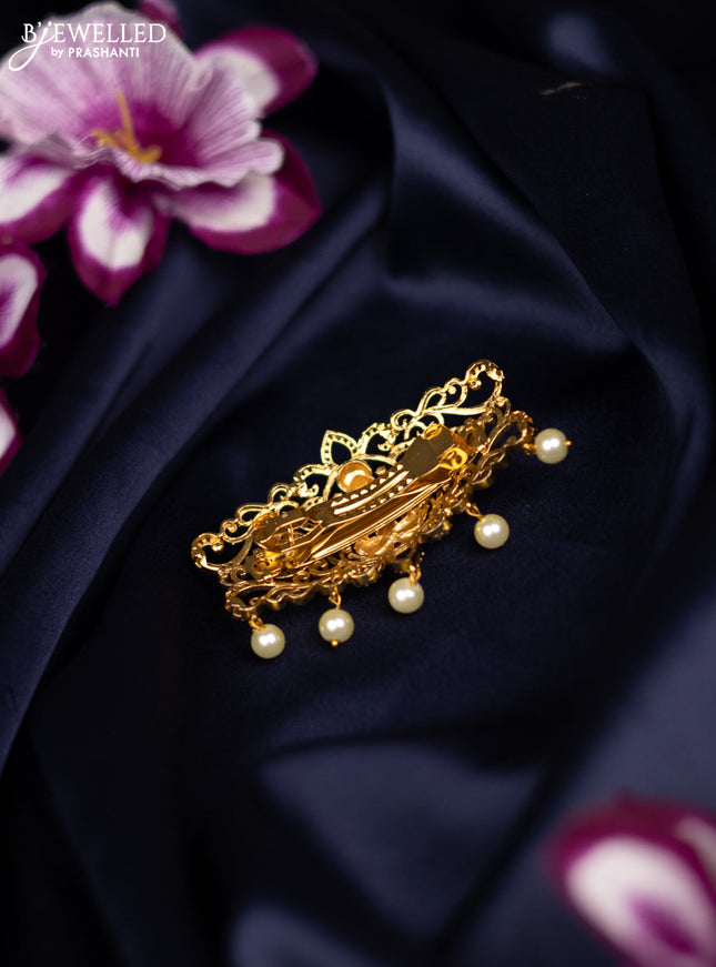 Antique medium size hair clip lakshmi design with kemp & cz stones and pearl hangings