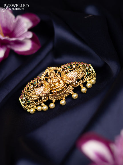 Antique medium size hair clip lakshmi & peacock design with kemp & cz stones and pearl hangings