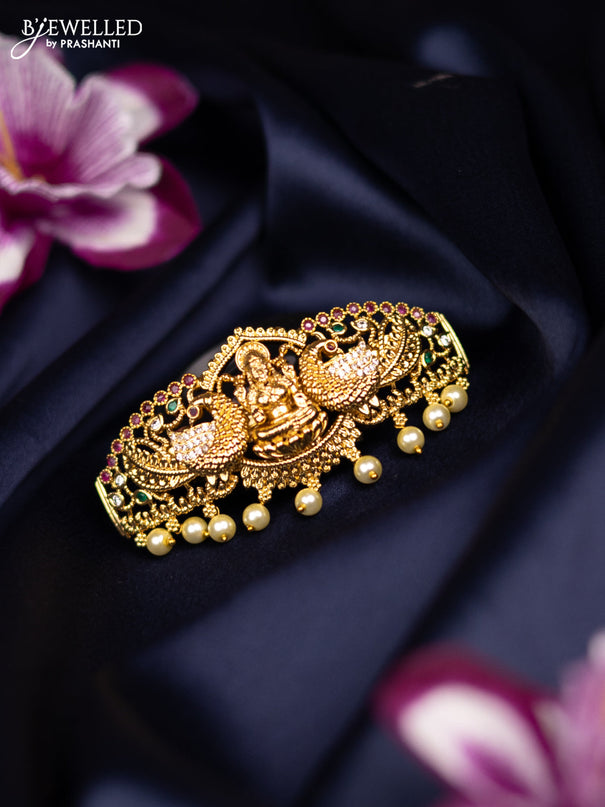Antique medium size hair clip lakshmi & peacock design with kemp & cz stones and pearl hangings