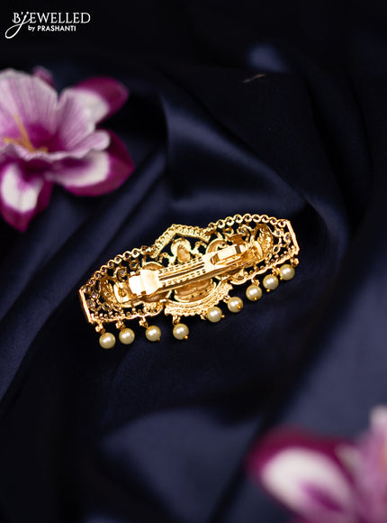 Antique medium size hair clip lakshmi & peacock design with kemp & cz stones and pearl hangings