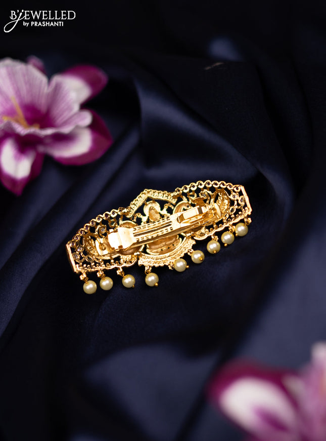 Antique medium size hair clip lakshmi & peacock design with kemp & cz stones and pearl hangings
