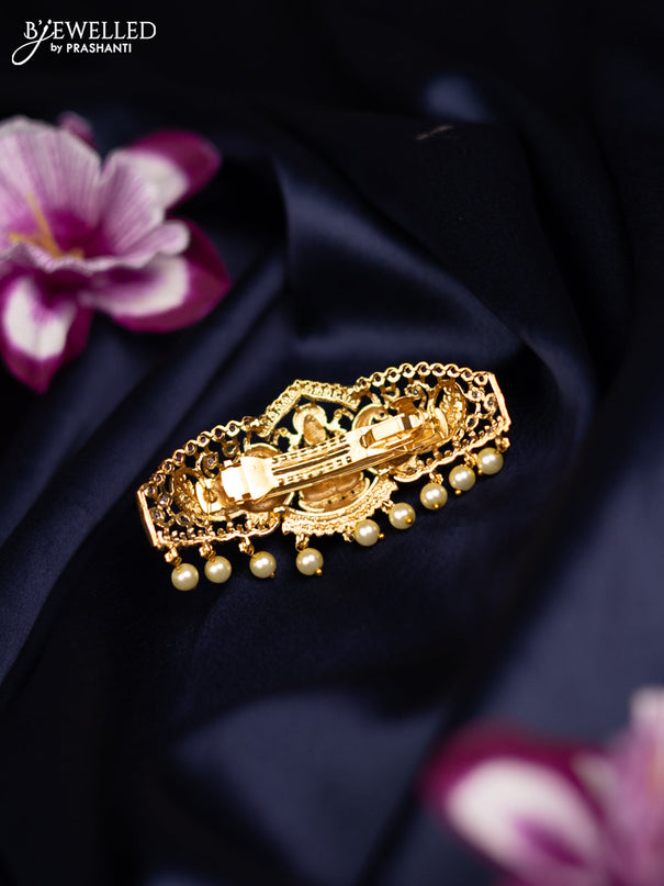 Antique medium size hair clip lakshmi & peacock design with kemp & cz stones and pearl hangings