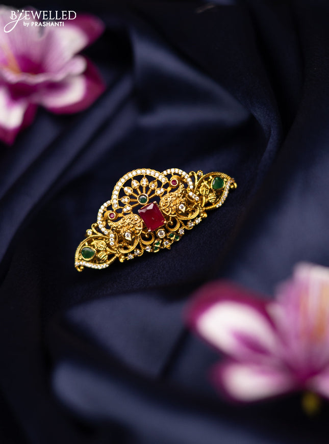Antique medium size hair clip peacock design with kemp and cz stones