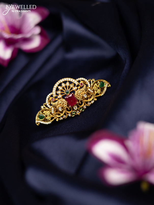 Antique medium size hair clip peacock design with kemp and cz stones