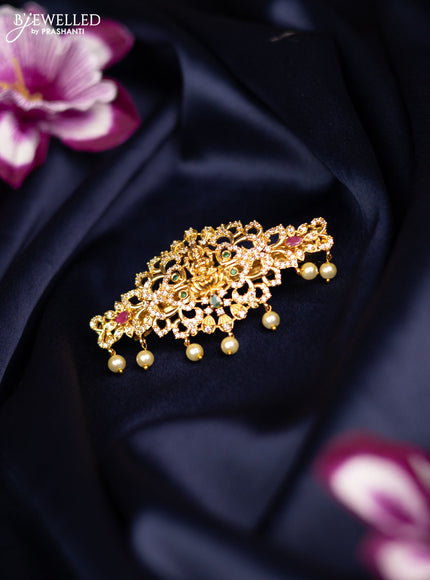 Antique medium size hair clip lakshmi design with kemp & cz stones and pearl hangings