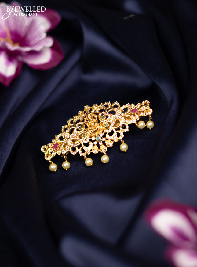 Antique medium size hair clip lakshmi design with kemp & cz stones and pearl hangings