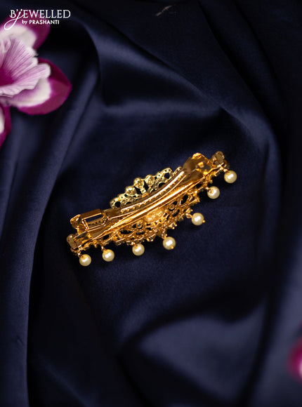 Antique medium size hair clip lakshmi design with kemp & cz stones and pearl hangings