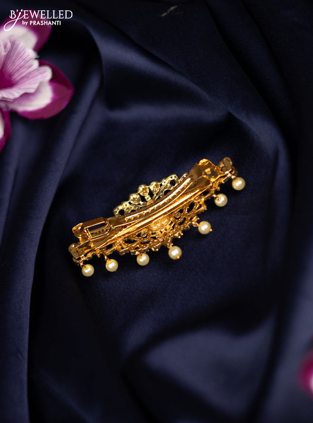 Antique medium size hair clip lakshmi design with kemp & cz stones and pearl hangings