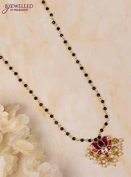 Mangalsutra lotus pendant with pink jadau kundan stones and pearl hangings without earrings