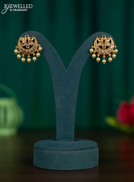 Antique earrings chandbali design with ruby & cz stones and pearl hangings