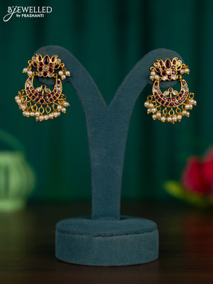 Antique earrings lotus design with ruby & cz stones and pearl hangings