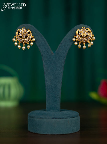 Antique earrings chandbali design with cz stones and pearl hangings