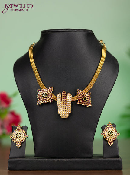 Antique attigai necklace kemp & cz stones with shanku & chakra and namam pendant