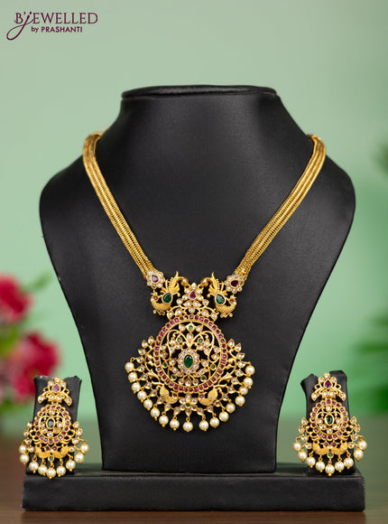 Antique Attigai necklace peacock design with kemp & cz stones and pearl hangings
