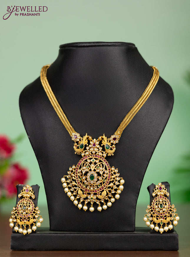 Antique Attigai necklace peacock design with kemp & cz stones and pearl hangings