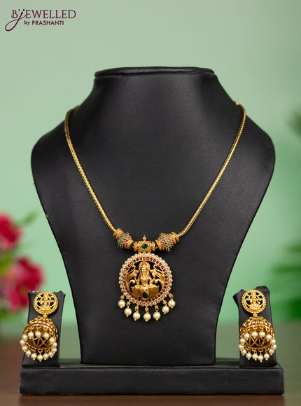 Antique attigai necklace lakshmi pendant with kemp & cz stones and pearl hangings