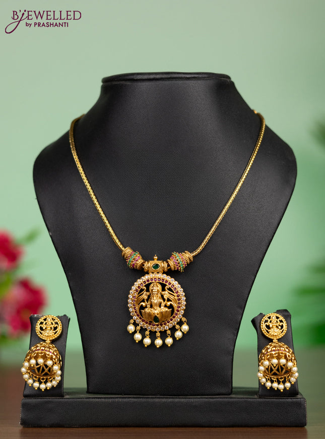 Antique attigai necklace lakshmi pendant with kemp & cz stones and pearl hangings