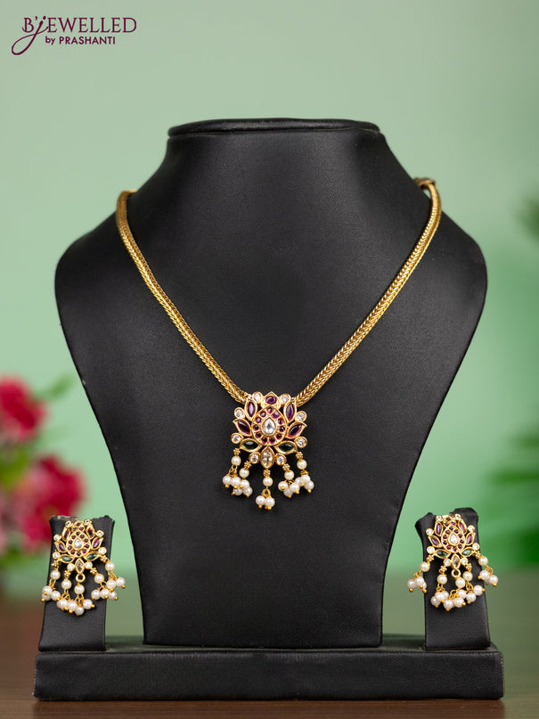 Antique attigai necklace lotus pendant with kemp & kundan stones and pearl hangings