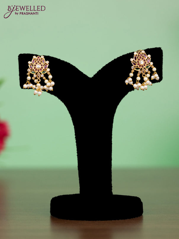 Antique attigai necklace lotus pendant with kemp & kundan stones and pearl hangings