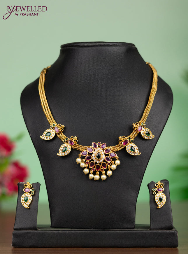Antique attigai necklace manga pattern with kemp & cz stones and pearl hangings