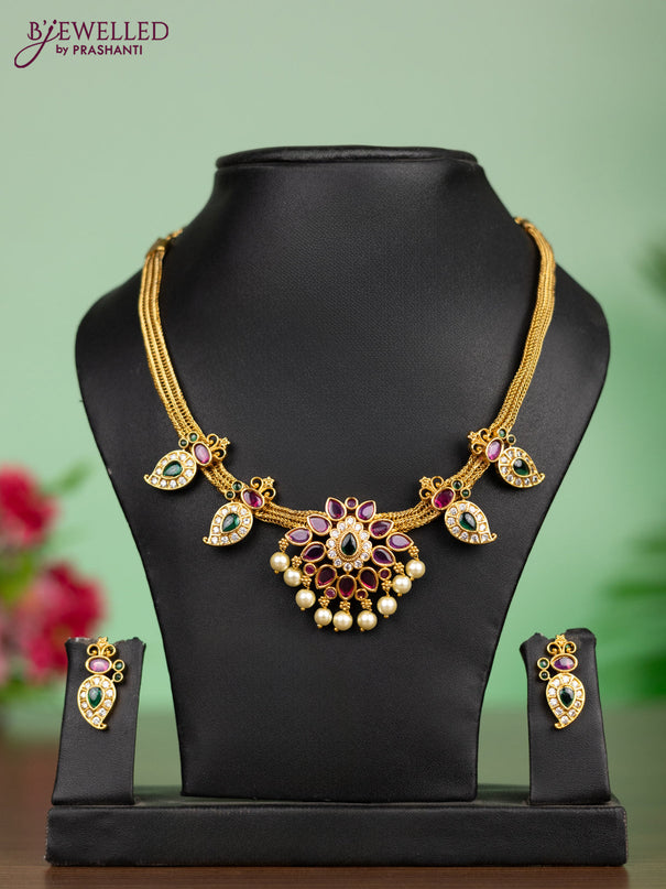 Antique attigai necklace manga pattern with kemp & cz stones and pearl hangings