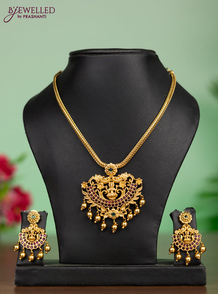 Antique attigai necklace lakshmi pendant with kemp stones and golden beadds hangings
