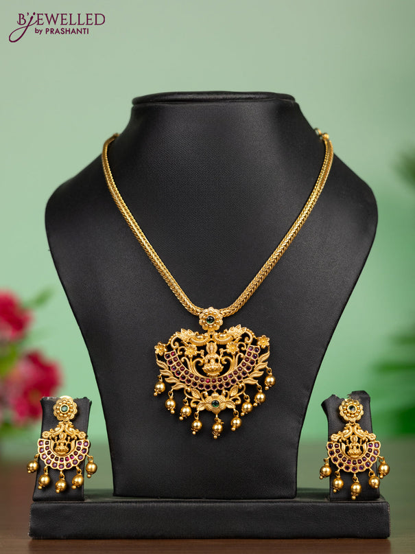 Antique attigai necklace lakshmi pendant with kemp stones and golden beadds hangings