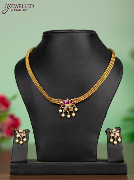 Antique attigai necklace lotus pendant with kemp & cz stones and pearl hangings