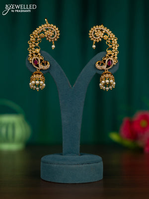 Antique earcuff jhumkas peacock design with ruby & cz stones and pearl hangings