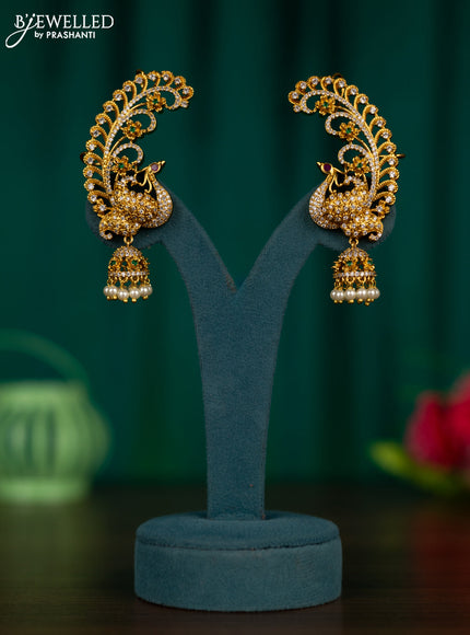 Antique earcuff jhumkas peacock design with kemp & cz stones and pearl hangings