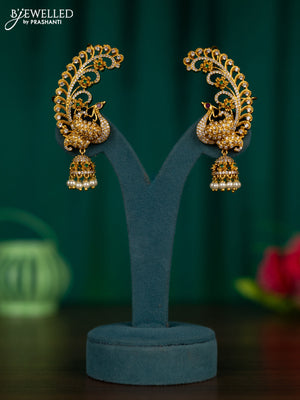 Antique earcuff jhumkas peacock design with kemp & cz stones and pearl hangings