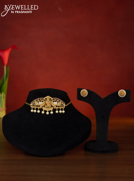 Antique choker lakshmi design with kemp & cz stones and pearl hangings