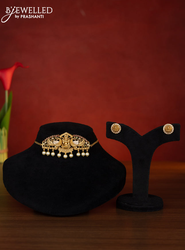 Antique choker lakshmi design with kemp & cz stones and pearl hangings