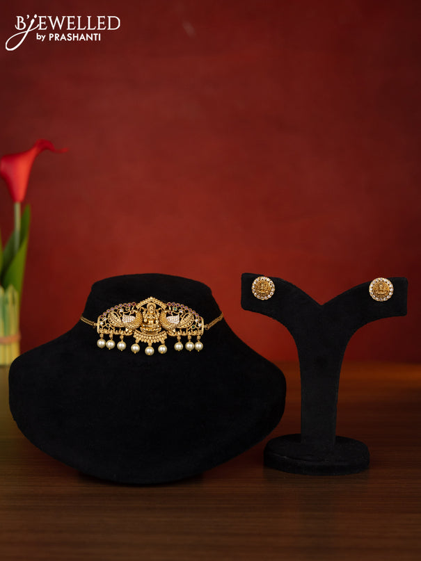Antique choker lakshmi design with kemp & cz stones and pearl hangings