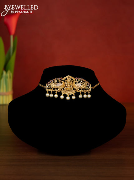 Antique choker lakshmi design with kemp & cz stones and pearl hangings