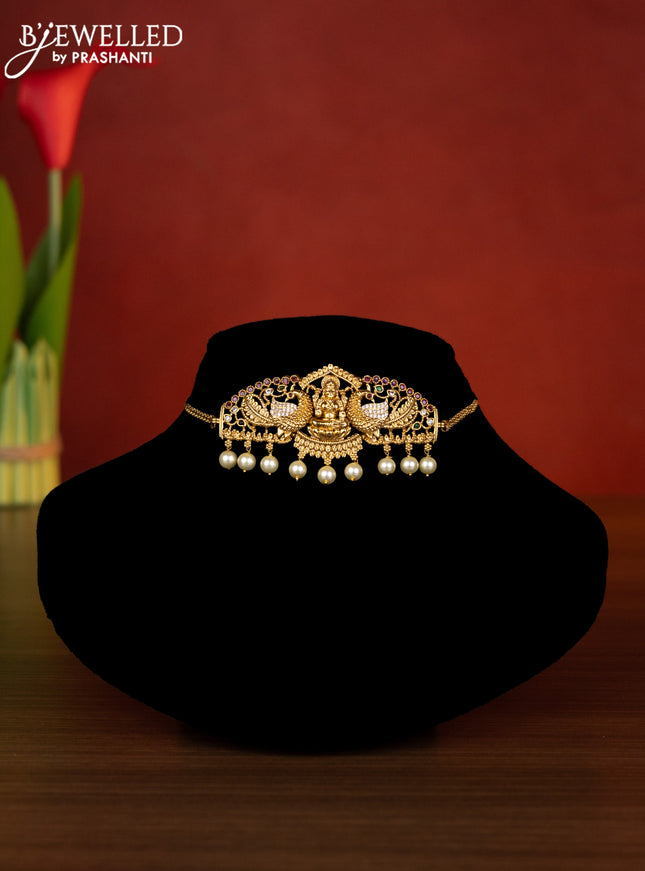 Antique choker lakshmi design with kemp & cz stones and pearl hangings