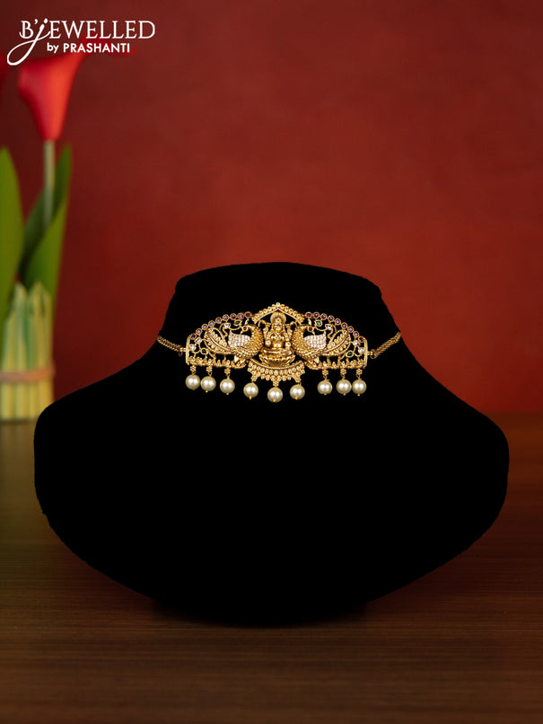 Antique choker lakshmi design with kemp & cz stones and pearl hangings
