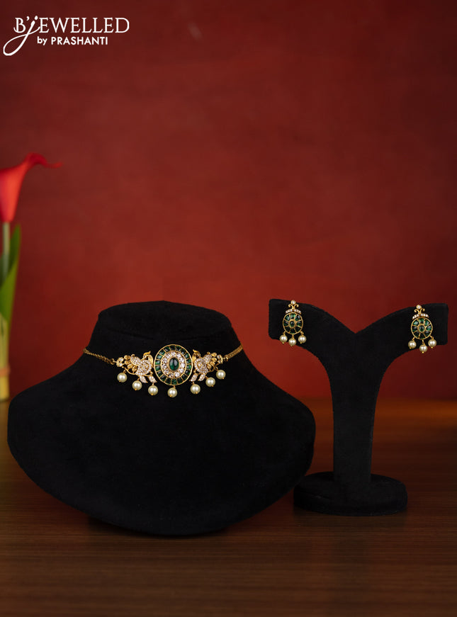 Antique choker peacock design with emerald & cz stones and pearl hangings