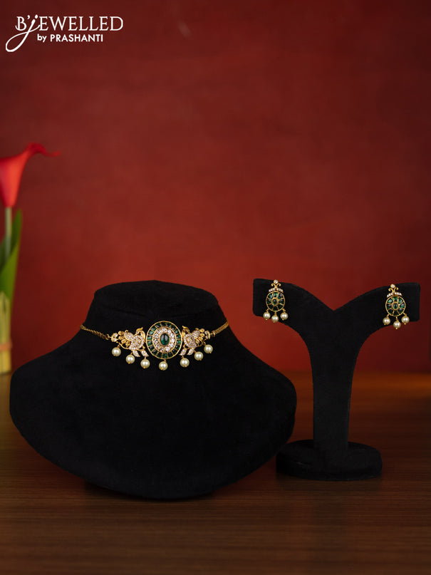 Antique choker peacock design with emerald & cz stones and pearl hangings