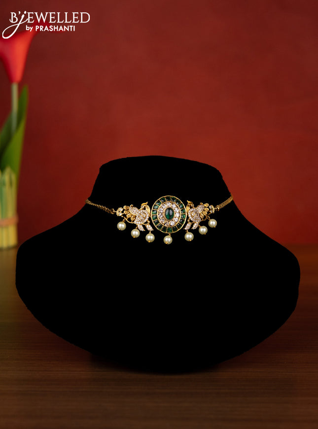 Antique choker peacock design with emerald & cz stones and pearl hangings