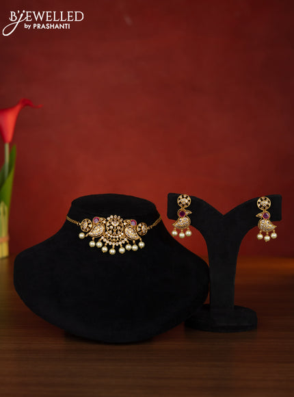 Antique choker parrot design with ruby & cz stones and pearl hangings